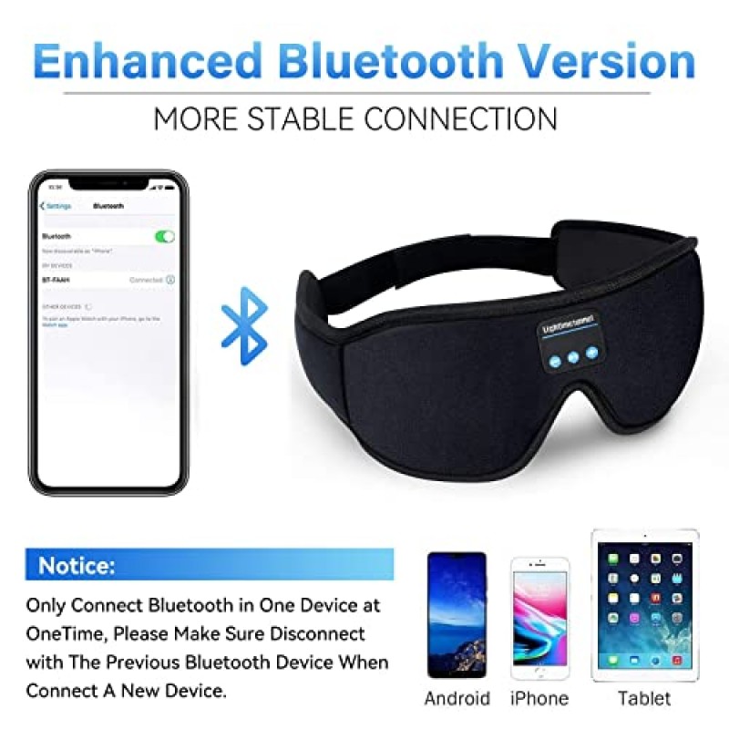 수면 헤드폰 Bluetooth 5.0 무선 3D 아이 마스크, 조절 가능한 초박형 스테레오 스피커가 있는 사이드 슬리퍼용 Lightimetunnel 세척 가능 불면증 여행을 위한 마이크 핸즈프리