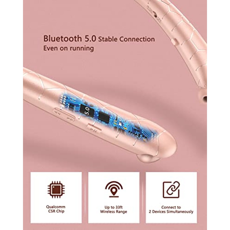 Finpola 넥밴드 Bluetooth 헤드폰, 소음 제거 마이크 및 접이식 이어버드가 포함된 The Neck 무선 헤드폰, 통화 및 음악용 스테레오 Bluetooth 헤드셋, 휴대폰, 태블릿과 호환… (로즈 골드)