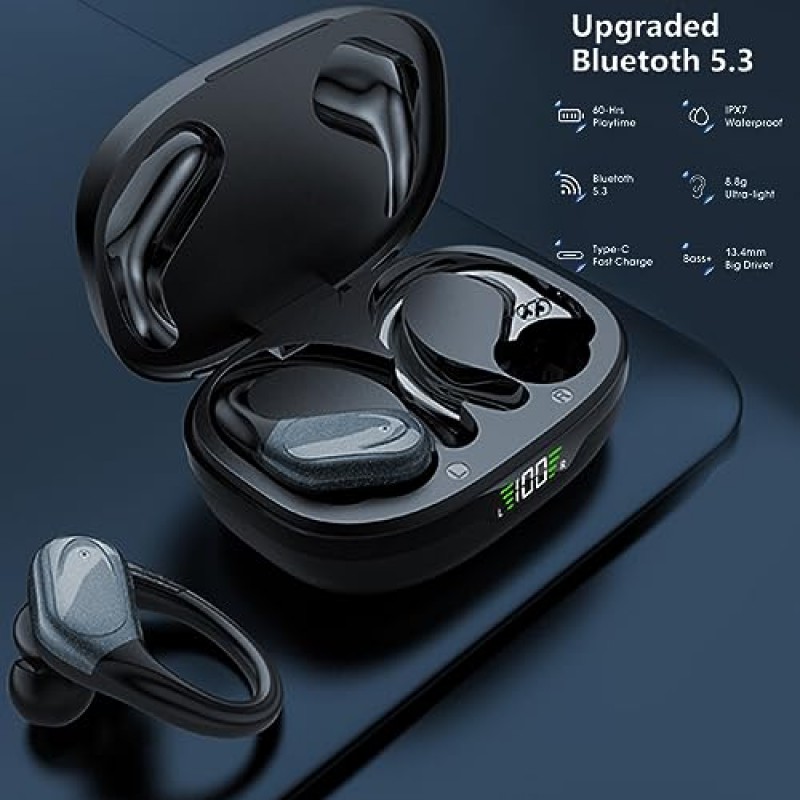 TWS BX 17 Bluetooth 5.3 무선 이어버드 48시간 재생 HiFi 헤드폰 오버이어 헤드셋 스포츠 IPX7 방수 내장 마이크 디지털 전원 LED 디스플레이 강력한 스테레오 베이스 이어폰(검은색)