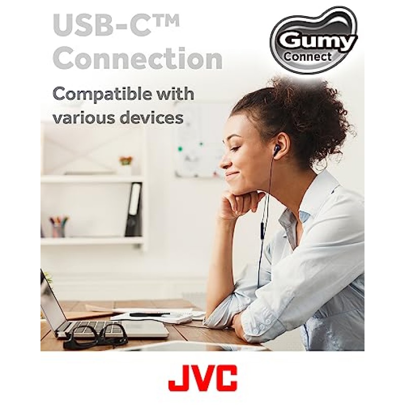 JVC Gumy Connect USB-C 유선 이어버드 헤드폰, 비디오 및 게임용 지연 없음, 내장 DAC로 소음 감소 및 음질 향상, 9.2mm 직경 네오디뮴 드라이버 - HAFR9UCB(검은색)