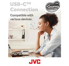 JVC Gumy Connect USB-C 유선 이어버드 헤드폰, 비디오 및 게임용 지연 없음, 내장 DAC로 소음 감소 및 음질 향상, 9.2mm 직경 네오디뮴 드라이버 - HAFR9UCB(검은색)