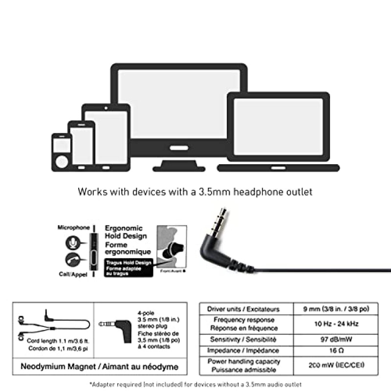 Panasonic ErgoFit 유선 이어버드, 마이크 및 통화 컨트롤러가 포함된 인이어 헤드폰, 인체공학적 맞춤형 이어피스(S/M/L), 휴대폰 및 노트북용 3.5mm 잭 - RP-TCM125-KA(매트 블랙)