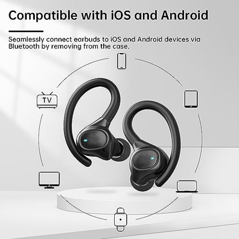 APEKX True Wireless 이어버드 - 작은 귀를 위한 안전한 핏 이어훅, iPhone용 Bluetooth 헤드폰, IPX7 방수, 40H 재생 시간, 스포츠 및 운동에 적합(검은색)