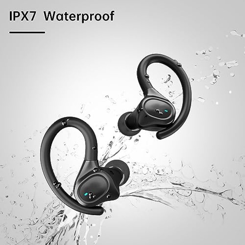 APEKX True Wireless 이어버드 - 작은 귀를 위한 안전한 핏 이어훅, iPhone용 Bluetooth 헤드폰, IPX7 방수, 40H 재생 시간, 스포츠 및 운동에 적합(검은색)