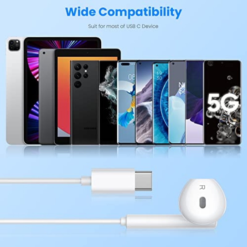 ACAGET USB C 헤드폰, Pixel 8 Pro 7 7a 6a 6 iPhone 15 Pro Max USB Type C 헤드폰(마이크 포함) HiFi 스테레오 USB C 이어폰, Samsung Galaxy S23 FE S22 Ultra S21 Plus White용 유선 이어버드