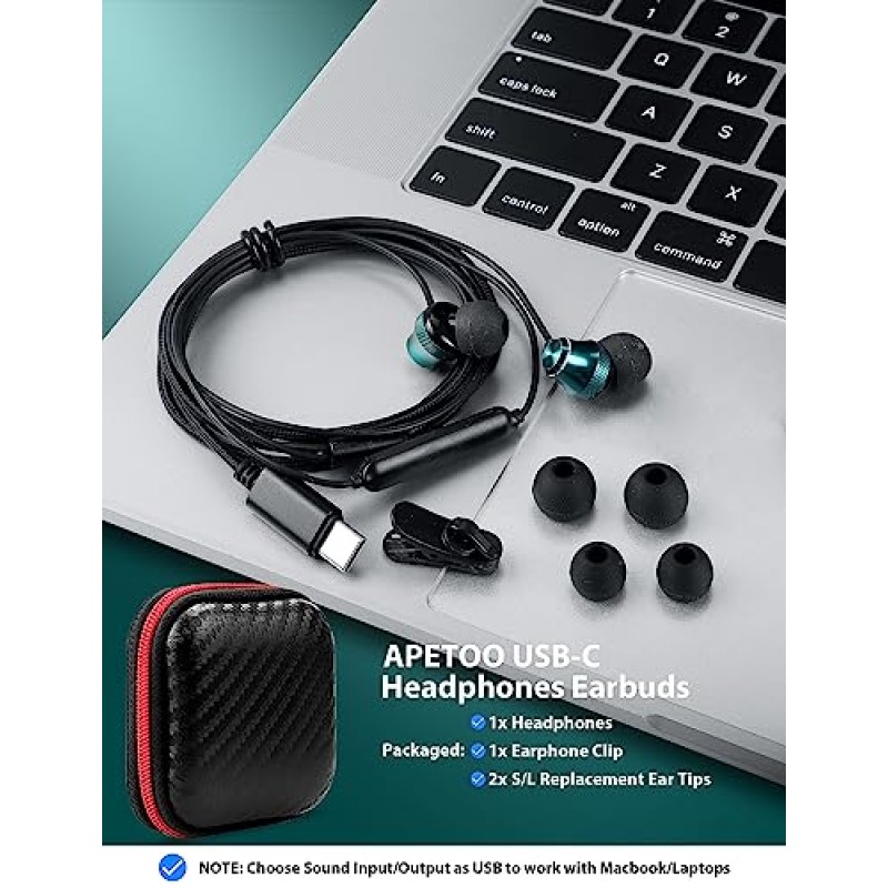 iPhone 15 Pro Max Plus Pixel 7 6a 6 Pro,iPad Pro,디지털 USB-C 유선 이어버드용 APETOO USB C 헤드폰 삼성,OnePlus,Huawei용 마이크 HiFi 스테레오 베이스가 포함된 소음 차단 이어폰형 C 이어폰