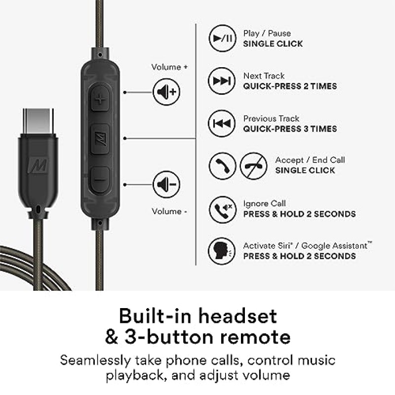 MEE audio M6 스포츠 USB-C 유선 이어버드(메모리 와이어 이어후크 포함), USB Type C 헤드셋(마이크 및 3버튼 리모콘 포함), 러닝/체육관/운동용 소음 차단 헤드폰, 블랙