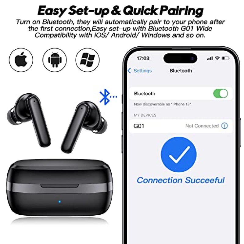 kurdene TWS G01 Bluetooth 5.3 LE 오디오 이어버드 헤드폰, 몰입형 깊은 베이스 및 선명한 통화 기능을 갖춘 내장 마이크, iPhone, Android용 IPX5 방수 이어버드 - 블랙