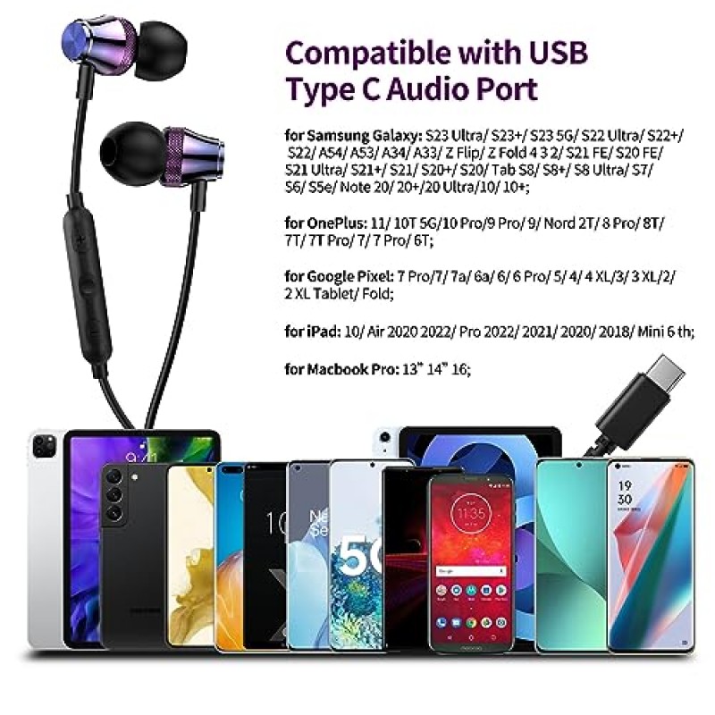 APAPATEK USB C 헤드폰(iPhone 15 Pro) Samsung S23 FE Z Flip 5 Type C 유선 이어버드(마이크 포함) DAC 칩 소음 차단 이어폰형 헤드셋 Google Pixel 8 OnePlus iPhone 15용 스테레오 USB-C 이어폰