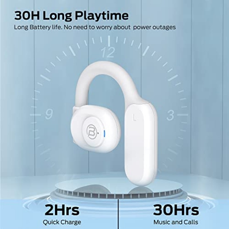 BUGANI 오픈 이어 헤드폰, 듀얼 16.2mm 대형 드라이버가 탑재된 Bluetooth 5.3 무선 헤드폰, HiFi 스테레오 사운드가 포함된 오픈 이어 이어버드, ENC 클리어 토크, 30시간 재생 시간, 달리기용 방수 스포츠 이어버드