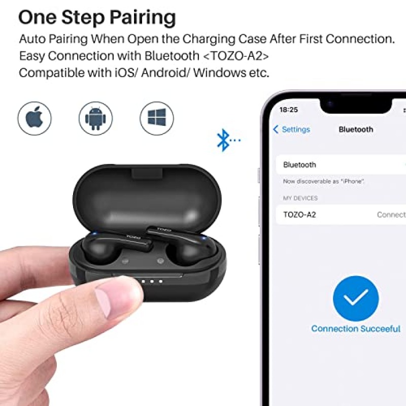 TOZO A2 미니 무선 이어버드 Bluetooth 5.3 이어폰 경량 헤드폰 내장 마이크, IPX5 방수, 몰입형 프리미엄 사운드 충전 케이스가 있는 장거리 연결 헤드셋, 블랙
