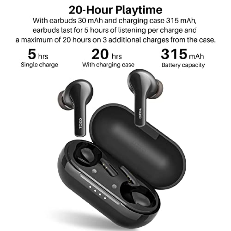 TOZO A2 미니 무선 이어버드 Bluetooth 5.3 이어폰 경량 헤드폰 내장 마이크, IPX5 방수, 몰입형 프리미엄 사운드 충전 케이스가 있는 장거리 연결 헤드셋, 블랙