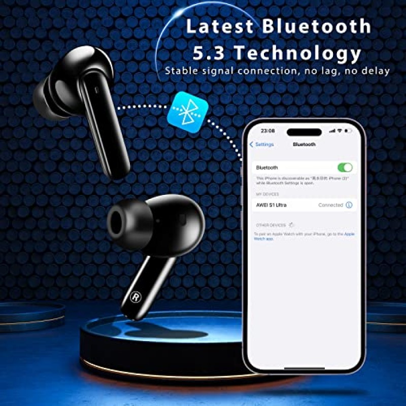 AWEI S1 울트라 무선 이어버드 Bluetooth 5.3 이어버드(마이크 4개 포함) 통화 소음 제거, 10mm 드라이버, 스테레오 사운드 딥 베이스 인이어 헤드폰, 게임 모드, 체육관 달리기용 IPX7 방수