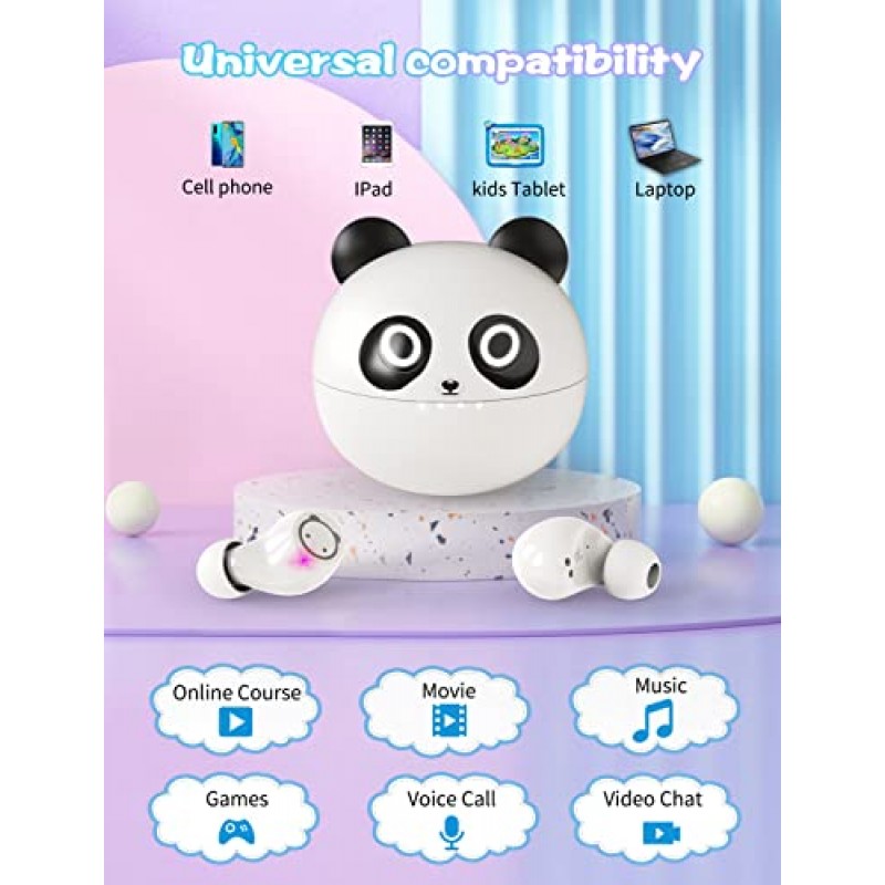 Instiwitt Kids 무선 이어버드 Panda Bluetooth 5.1 소음 감소 기능이 있는 이어버드 및 귀여운 충전 케이스 이어폰형 헤드폰 IPX6 방수 터치 컨트롤 36H 재생 시간 HiFi 스테레오 이어폰(전화용)