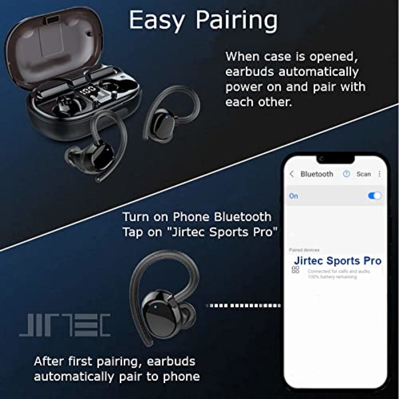 Jirtec Sports Pro 무선 이어버드 Bluetooth 5.3 헤드폰 | 충전 케이스 LED 배터리 디스플레이 사용 시 120시간 재생 | 방수 스테레오 오버이어 이어폰 | 달리기, 스포츠, 체육관 운동용 이어훅