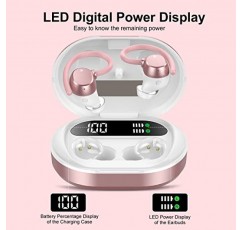 sprtoybat 무선 이어버드, HiFi 스테레오 블루투스 5.3 듀얼 LED 디스플레이를 갖춘 러닝 헤드폰 30시간 재생 시간, 내장 마이크, Type-C, 스포츠용 이어후크가 있는 인이어 블루투스 이어폰, 로즈 골드