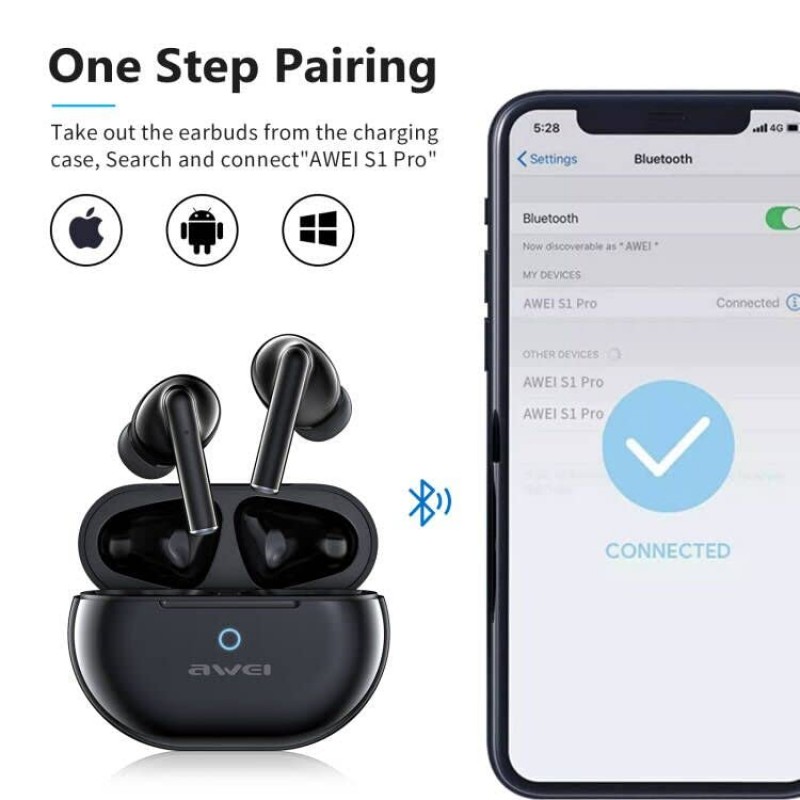 AWEI S1 Pro 진정한 무선 소음 차단 이어버드, 마이크 4개 통화가 가능한 Bluetooth 5.3 헤드폰, Hi-Fi 스테레오 사운드 깊은 베이스, 매우 긴 24시간 재생 시간, 운동 및 스포츠용 IPX7 방수 이어폰
