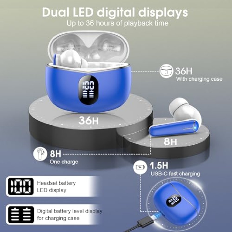 Kicoeon 무선 이어버드, 블루투스 헤드폰 40시간의 배터리 수명, LED 전원 디스플레이, 선명함