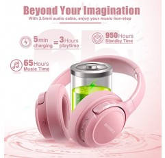 오버이어 Bluetooth 무선 헤드폰, BERIBES 65H 재생 시간 및 6개의 EQ 음악 모드(마이크 포함), HiFi 스테레오 접이식 경량 헤드셋, 홈 오피스 휴대폰 PC용 중저음 등(핑크색)