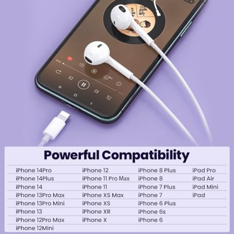 2팩 이어버드 헤드폰 이어폰 유선 [Apple MFI 인증] 마이크 통화 볼륨 조절 소음 차단 iPhone 14 Pro Max/13/12/11/XS/XR/8/7 Plus와 호환 가능