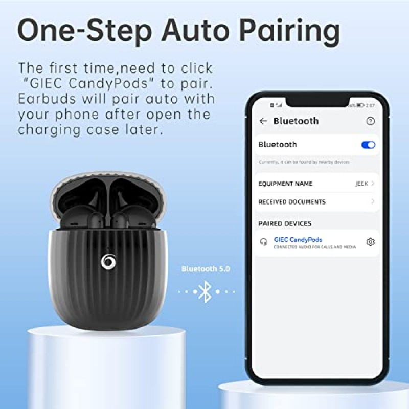GIEC 무선 이어버드 안드로이드용 블루투스 소음 차단 이어버드 핸드폰 마이크가 포함된 블루투스 헤드셋 블루투스 5.0 이어폰 귀에 방수 헤드폰 60시간 음악 재생 시간 블랙