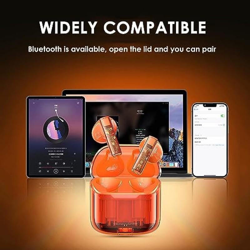 진정한 무선 이어버드 Bluetooth in Ear 헤드폰 iPhone Android용 투명한 Blue Tooth 5.3 이어폰 Deep Bass TWS 무선 이어폰(마이크 포함) 충전 케이스가 포함된 무선 이어버드 오렌지