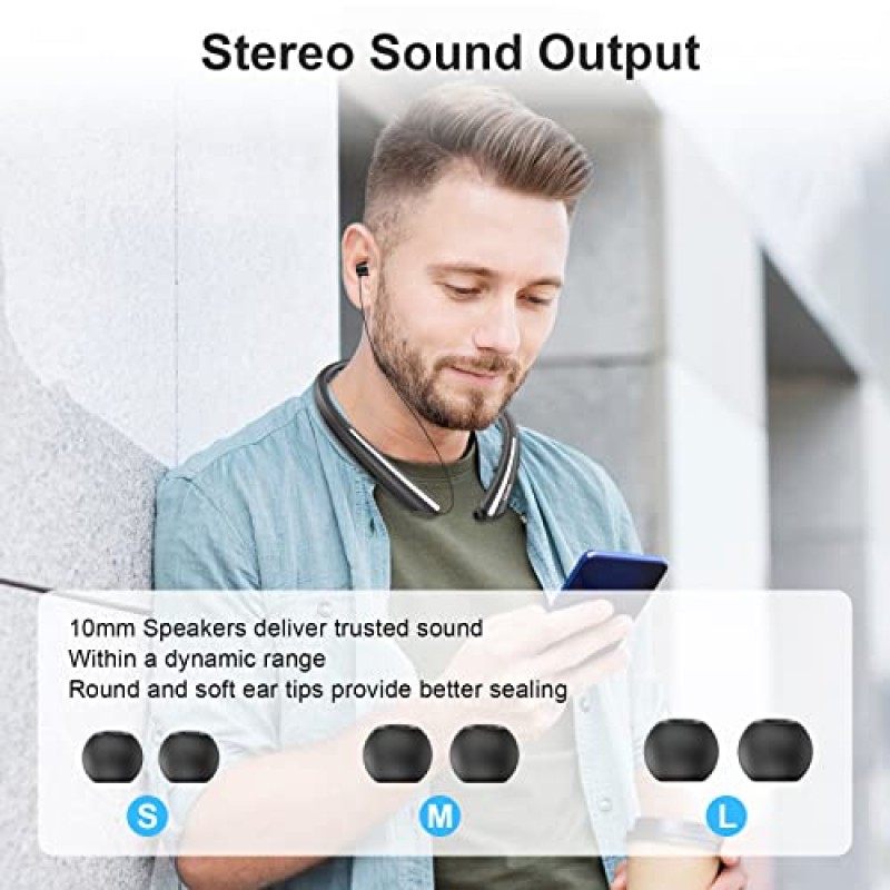 Fabenix Bluetooth 헤드폰, Bluetooth 5.0 넥밴드 Bluetooth 헤드폰, 땀 방지 소음 차단 스테레오 헤드폰 및 음악, 회의, 비디오용 접이식 이어 팁(검은색)