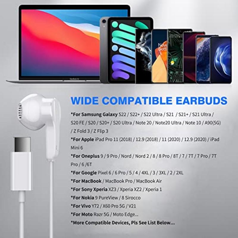 iPad Pro iPhone 15 Pro Max Plus용 USB C 헤드폰, Type C 유선 이어폰 삼성 S23 Ultra S22 A53 Galaxy Z Flip 5 Pixel 7 7A 7Pro Fold용 마이크 스테레오 볼륨 조절 기능이 있는 소음 제거 이어버드