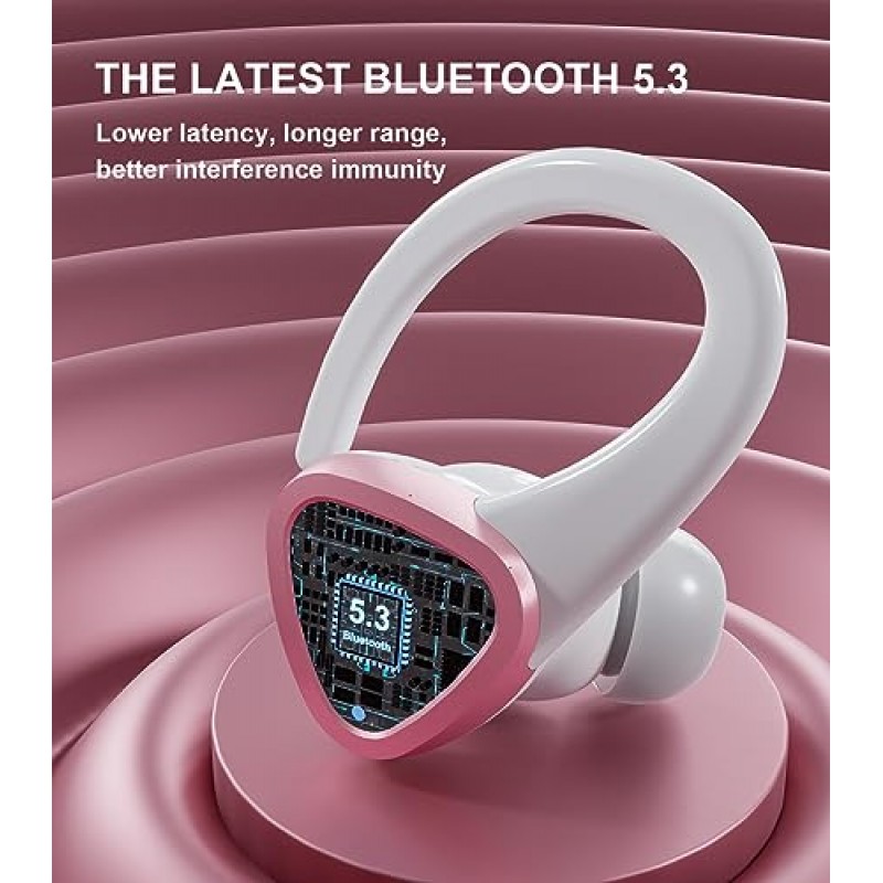 Xinborry 무선 헤드폰 Bluetooth 이어버드, 소음 제거 마이크, 터치 제어 Bluetooth 5.3 이어폰 충전 케이스 포함 60H 재생 시간, 스포츠용 후크 포함 오버이어, 하이킹 - 핑크