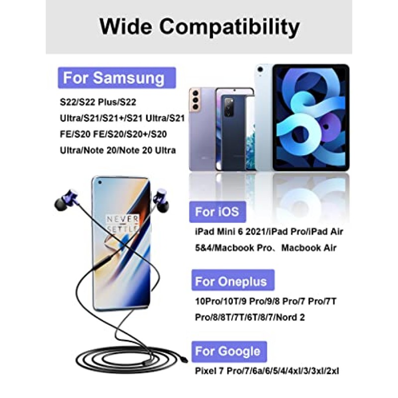 ACAGET USB C 헤드폰, iPhone 15 Pro Max용 자기 이어버드 삼성 Galaxy S23 Ultra S22 Plus S21 FE A53 A54 5G iPad Pro Air용 마이크 소음 차단 HiFi 스테레오 헤드셋이 포함된 USB Type C 이어폰