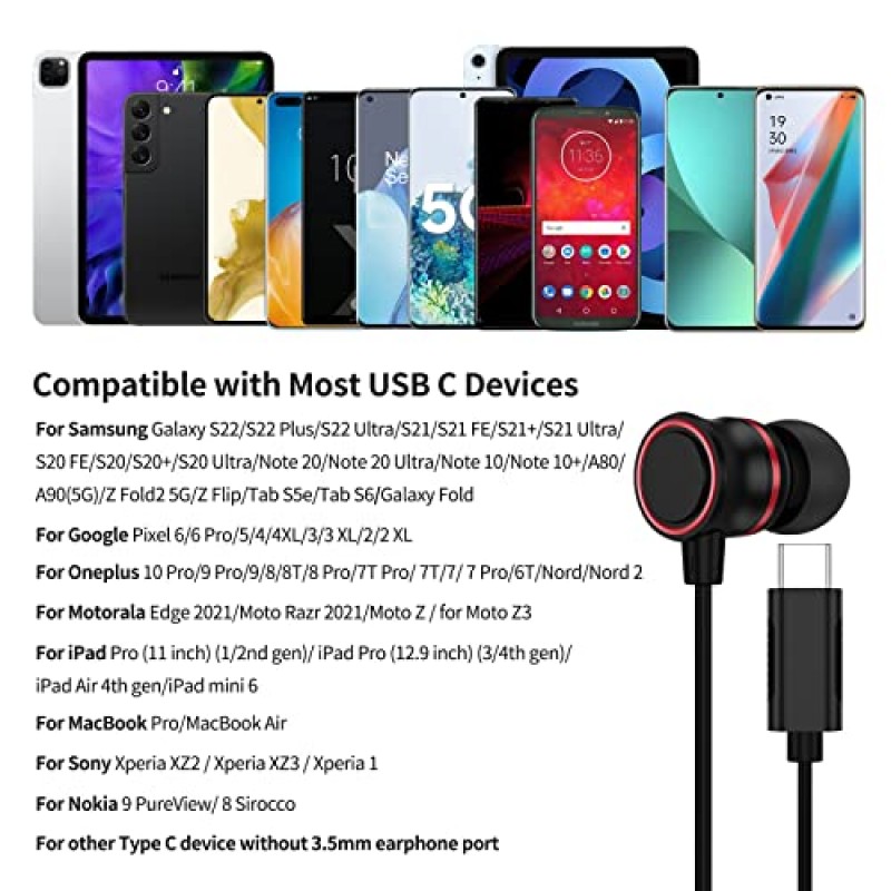 USB C 헤드폰, 삼성 S22 Ultra S23 FE iPhone 15 Pro용 ACAGET DAC Bass HiFi Setero 이어버드 Galaxy S21 S20 A53 A54 Tab S9 Plus용 마이크 내장형 C 헤드폰이 포함된 유선 소음 차단 이어폰