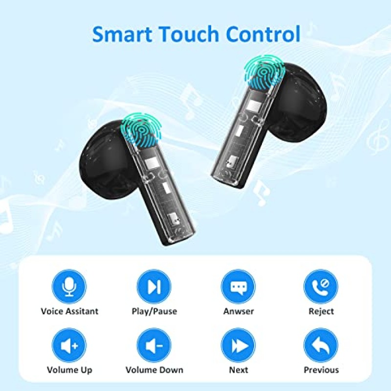 IOTTICKER 무선 이어버드 Bluetooth 5.3, 무선 헤드폰 22시간 재생, HiFi 스테레오 이어폰(마이크 4개 포함) ENC 소음 차단, 투명 헤드셋 땀 방지 iPhone iOS Android에 적합 블랙