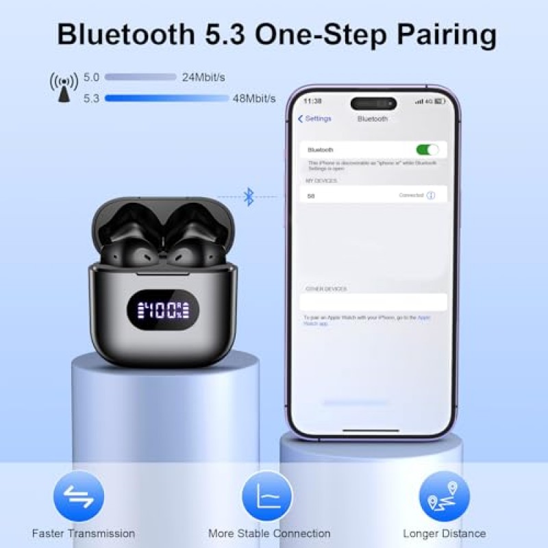 무선 이어버드, V5.3 블루투스 이어버드 48시간 재생 LED 배터리 디스플레이 무선 헤드폰 하이파이 스테레오 딥 베이스 및 HD 통화 블루투스 이어폰 운동/사무실/가정용 IPX7 방수 이어버드