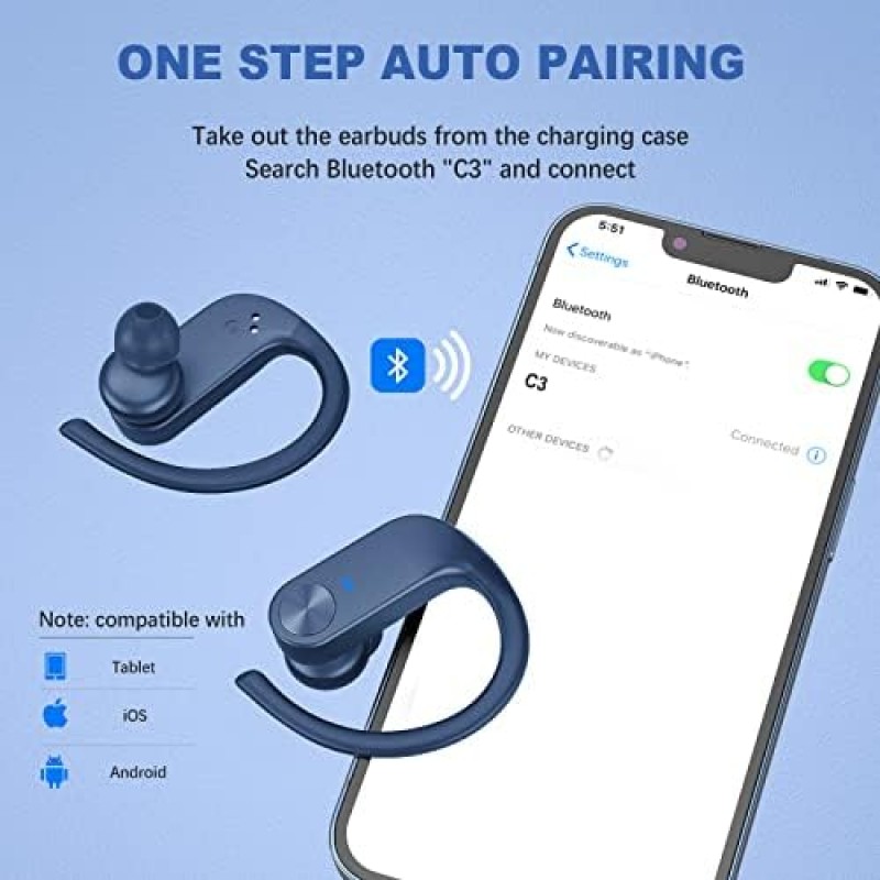 BEBEN 무선 이어버드, iPhone Android용 마이크 및 충전 케이스가 포함된 35시간 재생 Bluetooth 헤드폰, 체육관 운동을 위한 방수 러닝 헤드폰, 이어후크가 있는 Hi-Fi 사운드 오버이어 버드-블루