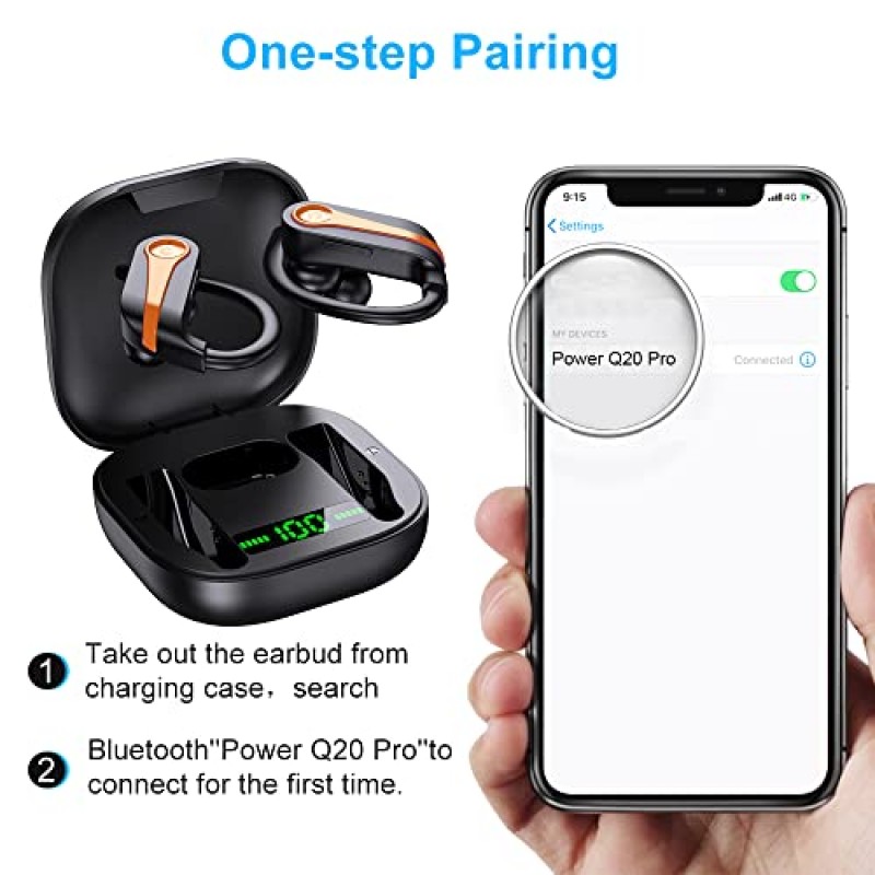Donerton 무선 이어버드, Bluetooth 5.1 스포츠 헤드폰(충전 케이스 포함), 10시간 단일 재생 이어후크 헤드셋, 무선 이어폰 6D 스테레오 HiFi 사운드 소음 제거, 주황색