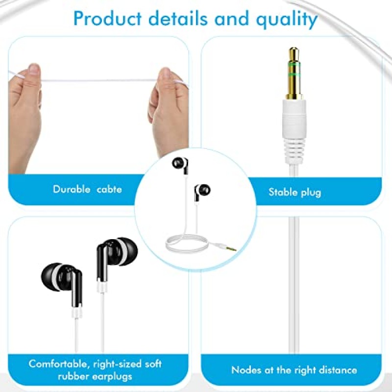 교실용 대량 이어버드 50팩 어린이용 와이어 이어폰 학생용 이어버드 세트 어린이용 스테레오 헤드폰 성인 학교 도서관, 3.5MM 오디오 잭(검은색)