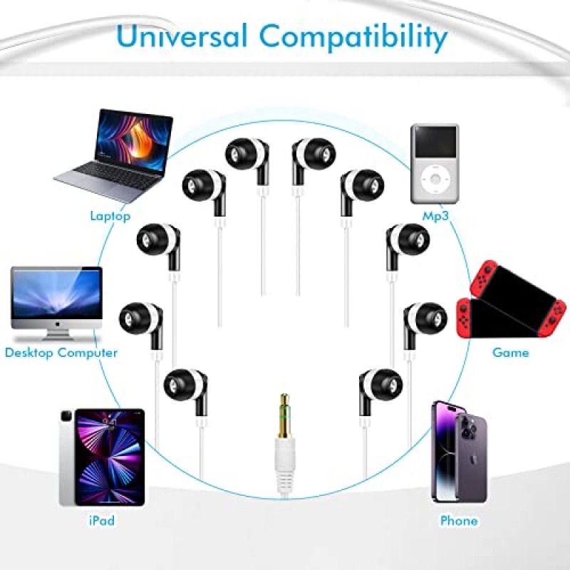 교실용 대량 이어버드 50팩 어린이용 와이어 이어폰 학생용 이어버드 세트 어린이용 스테레오 헤드폰 성인 학교 도서관, 3.5MM 오디오 잭(검은색)