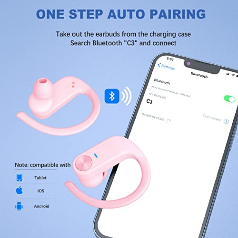 LASUNEY 무선 이어버드, iPhone Android용 마이크 및 충전 케이스가 포함된 35시간 재생 Bluetooth 헤드폰, 체육관 운동을 위한 방수 러닝 헤드폰, 이어후크가 있는 Hi-Fi 사운드 오버이어 버드-핑크