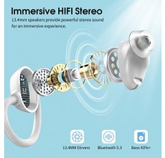 WUYI 무선 이어버드, HiFi 스테레오 스포츠 Bluetooth 5.3 헤드폰, LED 디스플레이가 포함된 48H 딥 베이스 헤드폰, 소음 제거, IP7 방수 이어폰 달리기용 내장 마이크(흰색)(Q61-W)