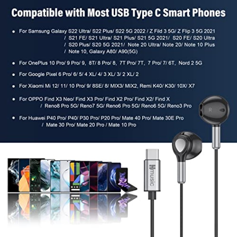 Hmusic USB C 헤드폰, Type C 이어폰 자기, 유선 이어버드 삼성 Galaxy, Google Pixel, Xiaomi용 Android 스마트폰용 마이크 볼륨 조절 기능이 있는 인이어 헤드셋(검은색)