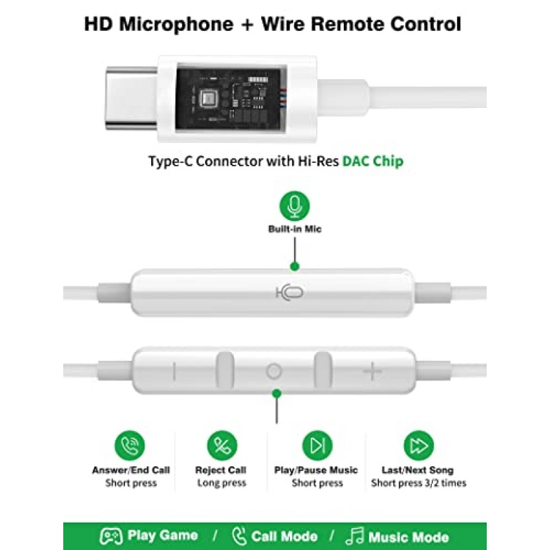 iPhone 15 Pro 용 USB C 헤드폰 새로운 iPad Google Pixel 7a 6a 6 5 4 3 XL, HiFi 스테레오 USB 유형 C 이어폰 삼성 S23 S22 S21 S20 A54 A53 용 마이크가있는 자기 유선 이어 버드 이어폰 USB-C 헤드셋