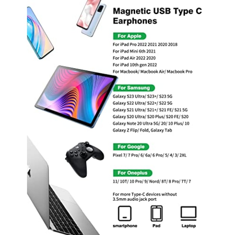 iPhone 15 Pro 용 USB C 헤드폰 새로운 iPad Google Pixel 7a 6a 6 5 4 3 XL, HiFi 스테레오 USB 유형 C 이어폰 삼성 S23 S22 S21 S20 A54 A53 용 마이크가있는 자기 유선 이어 버드 이어폰 USB-C 헤드셋