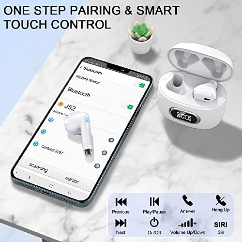 무선 이어버드, 블루투스 5.3 헤드폰 마이크 4개가 장착된 딥 베이스 블루투스 이어버드, 귀 소음 차단 무선 헤드폰용 블루투스 이어폰, IP7 방수 42H 이어버드, LED 디스플레이[새 업그레이드]