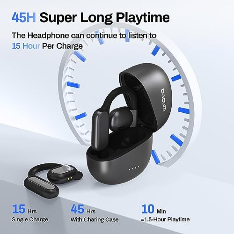 DACOM 오픈 이어 헤드폰 Bluetooth 5.3, 16.2mm 다이내믹 드라이버가 탑재된 진정한 무선 오픈 이어 이어버드 45시간 재생 시간 무선 이어버드 러닝 운동을 위한 오랫동안 지속되는 편안한 스포츠 이어버드