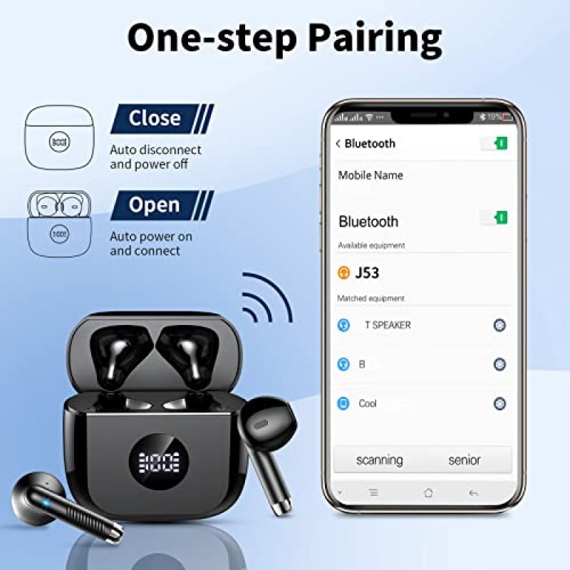 Jxrev 무선 이어버드, Bluetooth 5.3 헤드폰 스테레오 사운드, 귀에 꽂는 무선 이어폰 40H 재생 LED 전원 디스플레이, 헤드셋 내장 마이크, 터치 컨트롤, 스포츠용 IP7 방수, 블랙
