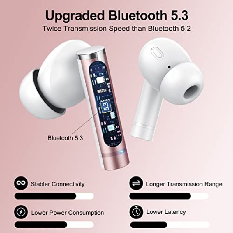 Lekaby Ear Buds 무선 이어버드 블루투스, 2023 새로운 블루투스 5.3 이어폰형 헤드폰 HiFi 스테레오, ENC 마이크 4개, LED 디스플레이가 포함된 40시간 이어버드, 휴대폰 노트북 TV용 IP7 방수 이어폰(핑크색)