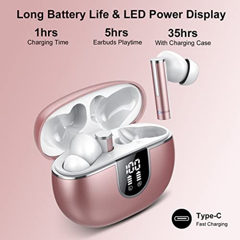 Lekaby Ear Buds 무선 이어버드 블루투스, 2023 새로운 블루투스 5.3 이어폰형 헤드폰 HiFi 스테레오, ENC 마이크 4개, LED 디스플레이가 포함된 40시간 이어버드, 휴대폰 노트북 TV용 IP7 방수 이어폰(핑크색)