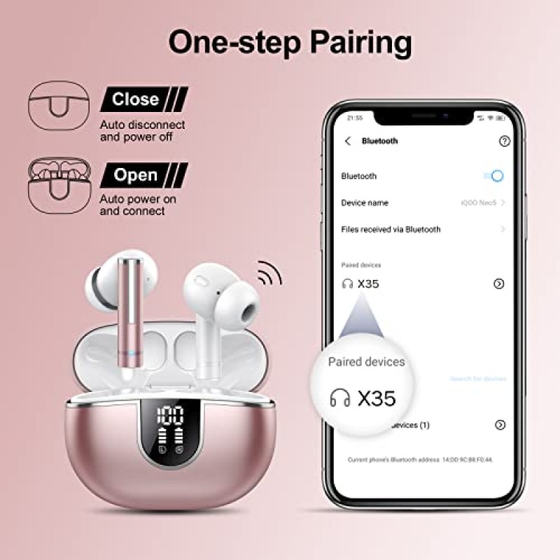 Lekaby Ear Buds 무선 이어버드 블루투스, 2023 새로운 블루투스 5.3 이어폰형 헤드폰 HiFi 스테레오, ENC 마이크 4개, LED 디스플레이가 포함된 40시간 이어버드, 휴대폰 노트북 TV용 IP7 방수 이어폰(핑크색)