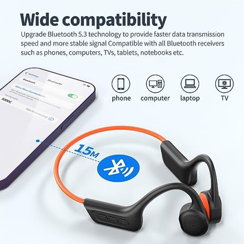 HCMOBI 골전도 헤드폰, 마이크가 장착된 오픈이어 Bluetooth 5.3 헤드폰, IPX7 방수 스포츠 이어버드 달리기 운동 사이클링을 위한 무선 이어폰, 1.5 고속 충전 및 10H 작업 시간