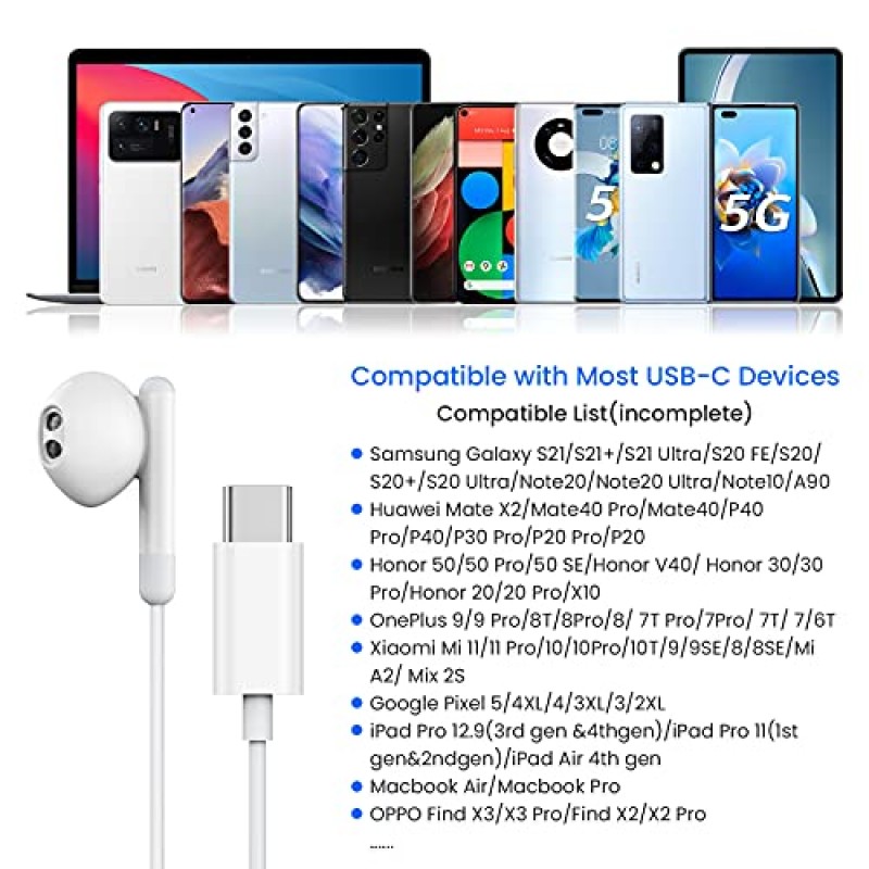 USB C 헤드폰, Type C 이어폰 HiFi 스테레오 인이어 유선 이어버드 USB C 이어폰, 마이크가 있는 Type C 헤드폰 Samsung Galaxy S21 Ultra S20 FE Note 10과 호환 Google Pixel 6 5 4XL Oneplus 9 8